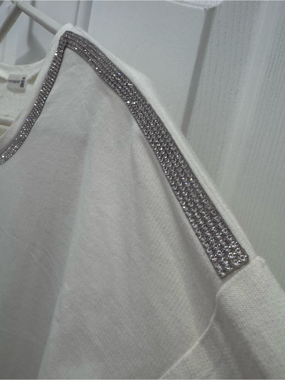 Womens long sleeve t shirt Cream Crewneck with rhinestone shoulder trim. See pic
